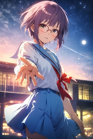 score_9, score_8_up, score_7_up, source_anime,best quality,nagato yuki\,(detailed eyes),(visual appeal),cowboy shot,short hair,bangs,purple hair,glasses,brown eyes,blue sailor collar,white serafuku,red ribbon,blue skirt,kita high school uniform,school roof,moon,standing,pointing outstretched hand,Index finger glows,alien,