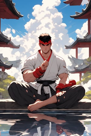 masterpiece,4K,best quality,ryu \(street fighter\),(full shot,black hair,short hair),red headband,white dougi,sleeveless,(torn clothes),white dojo pants,martial arts belt,red black fingerless gloves,barefoot,muscular,water surface,reflection,sky,sitting,crossed legs,((meditation,far away shot,closed eyes,sumi-e)),