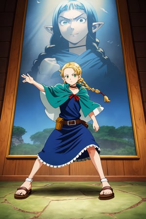 (masterpiece,excellent composition),4K,best quality,1girl,full shot,dungeon,marcille donato\donato marcille\(delicious in dungeon\),pointy ears,blonde hair,parted bangs,hair ribbon,green eyes,red choker,light blue capelet,ribbon,(dark blue dress,long dress),long sleeves,brown belt,belt pouch,sandals,(french braid twin braids),((visual appeal,art style by Mitsutoshi Shimabukuro + Eiichiro Oda)),dynamic angle,dynamic pose,