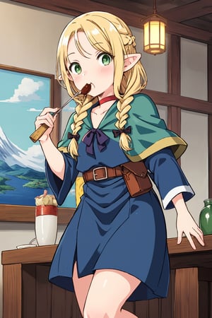 (masterpiece,excellent composition),4K,best quality,(far away shot),1girl,dungeon,marcille donato\donato marcille\(delicious in dungeon\),pointy ears,blonde hair,parted bangs,hair ribbon,green eyes,red choker,light blue capelet,ribbon,(dark blue dress,long dress),long sleeves,brown belt,belt pouch,sandals,(french braid twin braids),((visual appeal,art style by Mitsutoshi Shimabukuro + Ryoko Kui)),dynamic angle,dynamic pose,eating,sumptuous food,