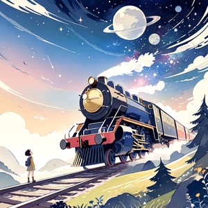 The Galaxy Railways,perspective,Children's Illustration Style,sagawa