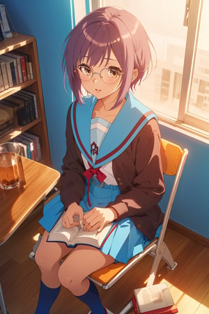 score_9, score_8_up, score_7_up, source_anime,best quality,highres,ny1,nagato yuki\,full body,(from front),from above,solo,short hair,bangs,purple hair,glasses,brown eyes,blue sailor collar,serafuku,red ribbon,blue skirt,long sleeves,brown cardigan,open cardigan,kita high school uniform,indoors,folding chair,sitting,book,holding book,open book,socks,uwabaki,look up,alien,