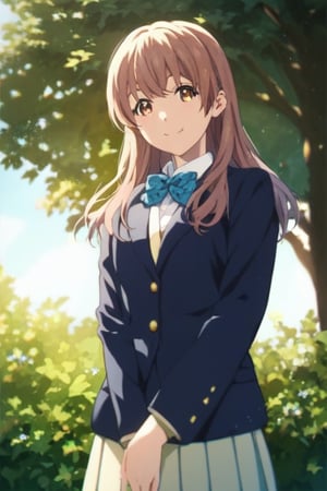 score_9, score_8_up, score_7_up, source_anime,(detailed eyes),shouko nishimiya,1girl,cowboy shot,long hair,bangs,brown hair,brown eyes,bowtie,blazer,pleated skirt,smile,tree,(fingers together and straightened,raise left hand horizontally,raise right hand vertically),