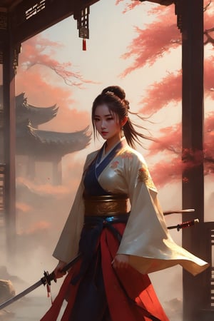 (aesthetic),(perfect composition),(beautiful female fingers),(beautiful and heroic,cool and determined),(1girl,wuxia,piercing eyes,ancient chinese swordsman costume),(perfect sword,metal reflective),(graceful posture),(beautiful rendering effect),(flying catkins effect,beautiful blur rendering),holding sword,emo,Expressiveh,concept art,qingyi,long black hair,hair ornament,3d,