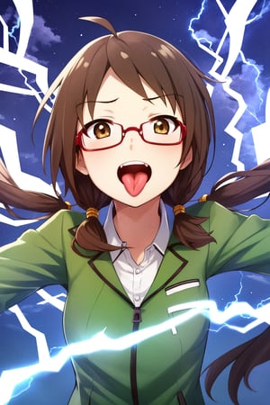 1girl,solo,parted bangs,brown hair,long hair,messy hair,brown eyes,green stand collar jacket,low twintails,glasses,tongue,tongue out,parody,(electricity: 1.2),Yozakura Quartet\,Kotoha Isone\,8k Ultra HD,extremely excellent composition,medium close-up,dynamic pose,late night street,