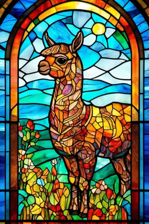 a church window with a cute alpaca draw art, glass art, glass style,colorful,extremely excellent composition,intricate details,8k Ultra HD,RAW photo,HDR (High Dynamic Range),