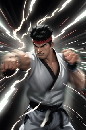 masterpiece,4K,best quality,(visual appeal),ryu \(street fighter\),((upper body)),(black hair,short hair,detailed face,detailed eyes),red headband,white dougi,sleeveless,(torn clothes),white dojo pants,black martial arts belt,red fingerless gloves,muscular,(standing),fighting stance,dynamic angle,dynamic pose,intense face,angry,clenched teeth,(((motion blur,motion lines))),(glowing,electricity,east asian architecture),((IncrsPunchMeme)),((punches)),((multiple punches)),