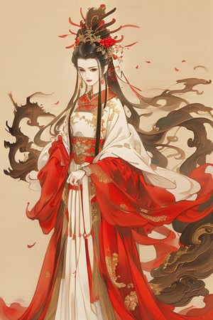 ((4k,masterpiece,best quality)),shuimobysim,traditional chinese ink painting,hanfu,Chinese bride wedding dress,phoenix crown,