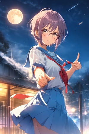 score_9, score_8_up, score_7_up, source_anime,best quality,nagato yuki\,(detailed eyes),(visual appeal),cowboy shot,short hair,bangs,purple hair,glasses,brown eyes,blue sailor collar,white serafuku,red ribbon,blue skirt,kita high school uniform,on school roof,moon,standing,beautiful female fingers,finger length,pointing outstretched hand,Index finger glows,alien,