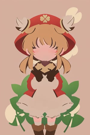 (anime minimalist,klee_genshin,masterpiece),chibi,cute,kawaii,little girl,brown scarf,clover print,hat feather,long sleeves,(red coat),dress,bloomers,brown gloves,brown boots,randoseru,pocket,bag charm,no facial features,clover background,cute composition,