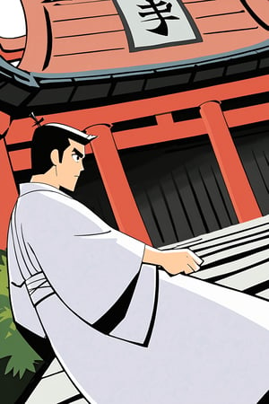 best quality,masterpiece,samurai jack\,black hair,short hair,samurai topknot,single topknot,black eyes,japanese clothing,white kimono with grey accents,geta,dutch angle,cowboy shot,(Japanese shrine),Torii,(far away shot),