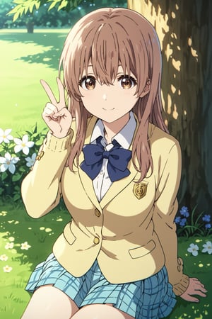 score_9, score_8_up, score_7_up, source_anime,(detailed eyes),nishimiya shouko\,shouko nishimiya\a silent voice\,1girl,cowboy shot,long hair,bangs,hair between eyes,brown hair,sitting,(wariza),brown eyes,blue bowtie,school uniform,dark blue blazer,yellow cardigan,white shirt,long sleeves,pleated skirt,blue and white plaid pleated skirt,dark blue socks,brown loafers,smile,tree,flower,grass,V-sign,peace sign,