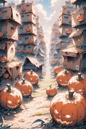 score_9,score_8_up,score_7_up, ,masterpiece,best quality,stunning image,grass,(Many cute cardboard creatures),a city made of cardboard,in the cardboard city,multiple pumpkins,Deformed,