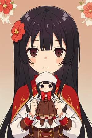 score_9, score_8_up, score_7_up, source_anime, (masterpiece,best quality,chibi,cute and adorable,kawaii),yumielladolkness,black hair,very long hair,black eyes,red cape,brown pleated skirt,red corset lace-up skirt,(holding a cute doll),(dreamy background),flowers,