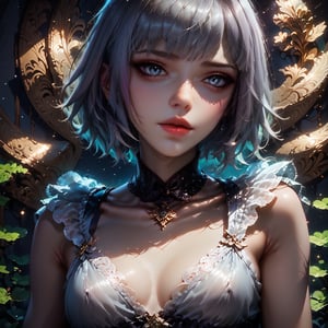 solo,(close up shot of face),(best quality),(detailed eyes),(finger touching lips),(a bit cute),1girl,gray eyes,white hair,short hair,babydoll,emo,Expressiveh,concept art,TY,BYK,light particles,play of shadow and light,abstract lighting effects,(glowing Sanskrit text and aura diffusion background)