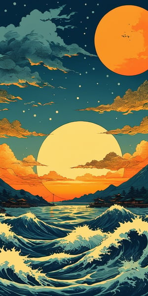 score_9, score_8_up, score_7_up, , rating_explicit, best quality, dot art, draw an orange and yellow sky using dot art, sun, waves, (ukiyo-e, nishiki-e, aesthetics), Meticulous details, no humans, stworki,