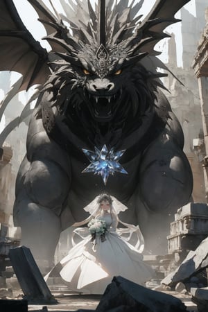 (bride,goddess),(Ancient ruins ),(Black and white entanglement),(silver and crystal entanglement),8k Ultra HD,masterpiece,intricate details,dragon head,dragon,dynamic pose,