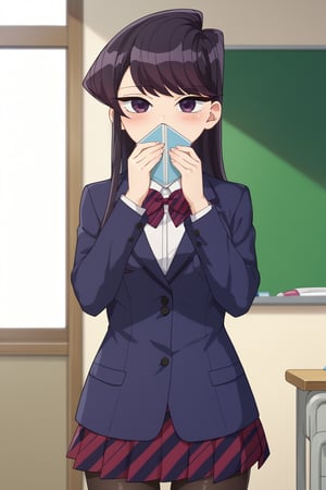 score_9, score_8_up, score_7_up, source_anime,(detailed eyes),komi shouko\,shouko komi\komi can't communicate\,cowboy shot,1girl,((with girl two hands holding notebook)),((with the notebook with text as "thank you")),(open notebook),english text,two hands up,(show notebook),long hair,bangs,black hair,purple eyes,striped bow tie,dark blue blazer,white shirt,long sleeves,pleated skirt,black pantyhose,blush,notebook covering mouth,red and black striped bow tie,red and black striped pleated skirt,thighband pantyhose,miniskirt,style_brush,A4 size notebook,