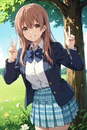 score_9, score_8_up, score_7_up, source_anime,(detailed eyes),nishimiya shouko\,shouko nishimiya\a silent voice\,1girl,cowboy shot,long hair,bangs,hair between eyes,brown hair,((wariza)),brown eyes,blue bowtie,school uniform,dark blue blazer,yellow cardigan,white shirt,long sleeves,pleated skirt,blue and white plaid pleated skirt,dark blue socks,brown loafers,smile,tree,flower,grass,V-sign,peace sign,