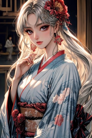 Rayearth,A striking artwork featuring two elegant figures adorned in vibrant, traditional Japanese kimonos. One figure has long, dark hair with a red flower accessory, while the other has shorter silver hair. Both are characterized by detailed tattoos and ornate jewelry, including large earrings. Their expressions convey a sense of intimacy and mystery, set against a backdrop of colorful floral patterns and soft, ethereal lighting that enhance the overall aesthetic. (make up,detailed eyes,beautiful female fingers,Japanese style garden,architecture,dreamy atmosphere),