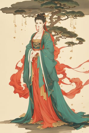 ((4k,masterpiece,best quality)),traditional chinese ink painting,1girl,((full body)),very long hair,hanfu,detailed eyes,original,cleavage,chiffon,enchanting radiance,visual appeal,dynamic pose,((cliff,fantasy)),