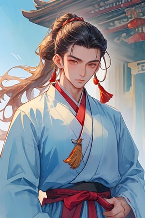 score_9,score_8_up,score_7_up, ,masterpiece,best quality,(aethetic),(watercolor art),Lan Wangji\Lan Zhan\Grandmaster of Demonic Cultivation\,Mo DAO Zu Shi\,upper body,detailed eyes,yellow eyes,(slender eyes),(white headband with light blue accents),(mature and handsome man),35 years old,long hair,waist length hair,(long parted bangs),(hair slicked back),(updo),(long straight hair),black hair,long sleeves,wide sleeves,cloud patterns,expressionless,chinese clothes,hanfu,white robe with light blue accents,light blue belt,elegant posture,(Chinese ancient style architecture,landscape)