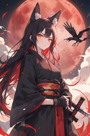 masterpiece,4K,best quality,((ultra-detailed)),(katana in hand in front of face,the background is filled with smoke and destruction,crows soar in the sky,creating an atmosphere of chaos,glowing),(fox ears,fox tail),((red moon)),angry,long hair,japanese clothing,