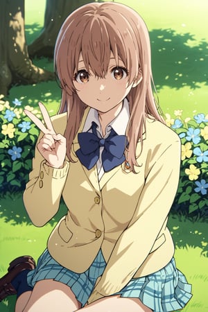 score_9, score_8_up, score_7_up, source_anime,(detailed eyes),((wariza)),nishimiya shouko\,shouko nishimiya\a silent voice\,1girl,cowboy shot,long hair,bangs,hair between eyes,brown hair,sitting,brown eyes,blue bowtie,school uniform,(dark blue blazer),yellow cardigan,white shirt,long sleeves,pleated skirt,blue and white plaid pleated skirt,dark blue socks,brown loafers,smile,tree,flower,grass,V-sign,peace sign,
