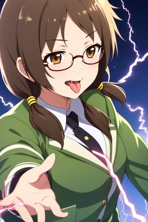 1girl,solo,parted bangs,brown hair,long hair,messy hair,brown eyes,green stand collar jacket,low twintails,glasses,tongue,tongue out,parody,(electricity: 1.2),Yozakura Quartet\,Kotoha Isone\,8k Ultra HD,extremely excellent composition,medium close-up,dynamic pose,late night street,