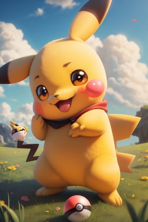 4K,masterpiece,best quality,create the cutest pikachu,pikachu\(pokemon\),holding,poke ball \(basic\),holding a poke ball,no humans,grass,flowers,