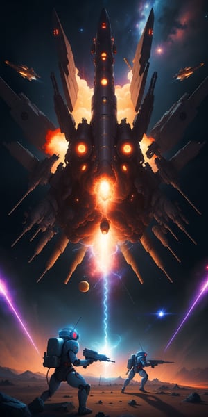 masterpiece,best quality,visual appeal,perfect composition,game art,futuristic,surreal,cosmic battlefield,outer space,energy beam,at war,no humans,cosmic flagship,main gun firing,