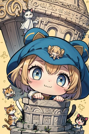 (detail processing: 1.2),egypt theme background,egyptian characteristics,egypt,desert,worn stone pedestal amidst ancient temple ruins,ancient temple ruins,blue and gold hieroglyphics,tuya,anime chibi style,chibi,master's masterpiece,high resolution,absurdres,clear,excellent composition,cats,cutes,(multiple cats: 1.2),detailed filling,loli