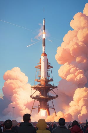 masterpiece,4K,best quality,metal tower,rocket takes off,(smoke,people looking up from a distance),