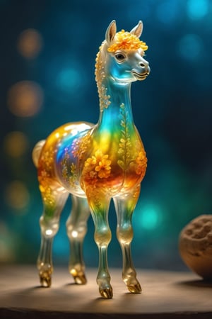 full body,alpaca,made of glass,Light diffraction,tiny golden accents,beautifully and intricately detailed,ethereal glow,whimsical,best quality,glass art,magical holographic glow,8k Ultra HD,RAW photo,HDR (High Dynamic Range),