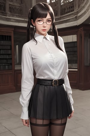 4K,masterpiece,best quality,1girl,(thigh-level perspective),(((accord \(drakengard 3\)))),standing,large breasts,black hair,long hair,(low twintails),((blunt bangs)),extremely detailed face,extremely detailed eyes,((glasses (round frame))),earrings,white collarless shirt,white detached collar,black ladies tie,long sleeves,juliet sleeves,(cufflinks),black gloves,belt,(black flared skirt(short skirt)),(white pantyhose),holding,book,holding book,open book,architecture,one arm behind back,