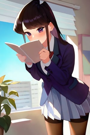 score_9, score_8_up, score_7_up, source_anime,(detailed eyes),Shouko Komi,1girl,(holding notebook),notebook with text thank you,((notebook with text as "thank you")),(open notebook),(show notebook),(hands up),english text,long hair,bangs,black hair,purple eyes,blazer,blush,red and black striped pleated skirt,thighband pantyhose,style_brush,(eyes highlights),window,notebook covered mouth,