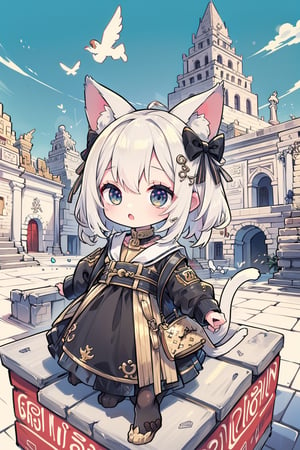 (detail processing: 1.2),egypt theme background,egyptian characteristics,egypt,desert,worn stone pedestal amidst ancient temple ruins,ancient temple ruins,blue and gold hieroglyphics,tuya,anime chibi style,chibi,master's masterpiece,high resolution,absurdres,clear,excellent composition,cats,cutes,(multiple cats: 1.2),detailed filling,loli