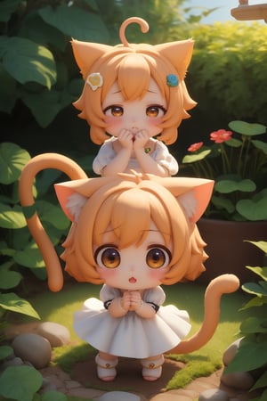 score_9,score_8_up,score_7_up, ,masterpiece,4K,best quality,holding a Q version character,chibi,kawaii,cute,innocent expression,miniature garden,petite character,cat ears,cat tail,white dress,holding in mid-air,pov hand,