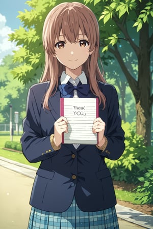 score_9, score_8_up, score_7_up, source_anime,(detailed eyes),shouko nishimiya,1girl,cowboy shot,long hair,bangs,brown hair,brown eyes,cardigan,blue bowtie,blazer,blue and white plaid pleated skirt,smile,tree,holding notebook,open notebook,english text,(hand up,show notebook),(Notebook with text as "thank you"),style_brush,