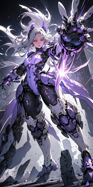 armor full power,(battlefield: 1.4),(thigh shot: 1.2),tech,imperial,perfect hands,detailed fingers,intricate details,extremely excellent composition,visual appeal,beautiful detailed glow,sparkling,metal reflective,glowing,from front,dynamic angle,(dynamic pose: 1.4),purple mist,sword,more blades,perfect body,future technology beam weapon,beam weapon,purple theme,