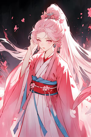 from above,1 girl,palace,delicate facial features,aethetic,extremely excellent composition,8k Ultra HD,deep eyes,demure,pink hanfu,extremely detailed eyes,visual appeal,dynamic angle,wind,floating hair,adjusting hair,palace,adjusting hair,