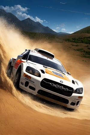 A high-speed shot of a white rally car as it takes a sharp turn on a winding mountain road in Bayinbuluke's rugged landscape. The camera captures the dramatic moment when the vehicle kicks up clouds of sand and dust from its rear tires, creating a majestic visual effect against the sun-kissed backdrop. oil painting style,motion blur,sand dust,medium shot,