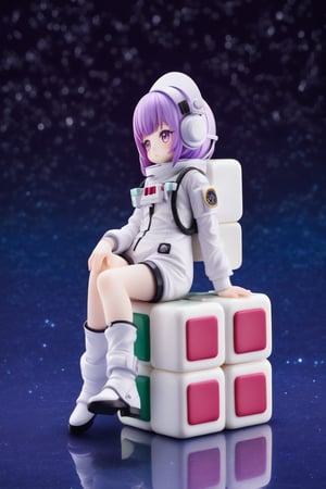 (1girl,little girl,girl focus),full body,kawaii,astronauts,(only one) giant mahjong,(sits on the giant mahjong tile),starry sky background,masterpiece,4K,best quality,fantasy,concept,(detailed eyes),meticulous,detail processing,((PVC Style)),space suit,spacesuit helmet,purple hair,purple eyes,(half open eyes),