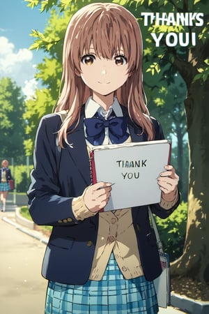 score_9, score_8_up, score_7_up, source_anime,(detailed eyes),shouko nishimiya,1girl,cowboy shot,long hair,bangs,brown hair,brown eyes,cardigan,blue bowtie,blazer,blue and white plaid pleated skirt,smile,tree,holding notebook,(open notebook),english text,(hand up,show notebook),((Notebook with text as "thank you")),style_brush,