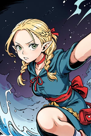 (masterpiece,excellent composition),4K,best quality,(far away shot),1girl,dungeon,marcille donato\donato marcille\(delicious in dungeon\),pointy ears,blonde hair,parted bangs,hair ribbon,green eyes,red choker,light blue capelet,ribbon,(dark blue dress,long dress),long sleeves,brown belt,belt pouch,sandals,(french braid twin braids),((visual appeal,art style by Mitsutoshi Shimabukuro + Eiichiro Oda + Ryoko Kui)),dynamic angle,dynamic pose,