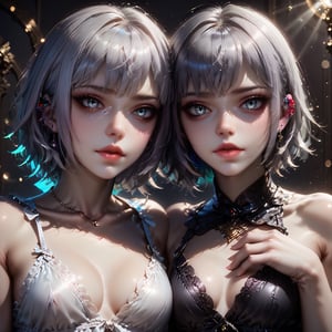 (close up shot of face),(best quality),(detailed eyes),(finger touching lips),(a bit cute),1girl,gray eyes,white hair,short hair,babydoll,emo,Expressiveh,concept art,TY,BYK,light particles,(glowing Sanskrit text and aura diffusion background)