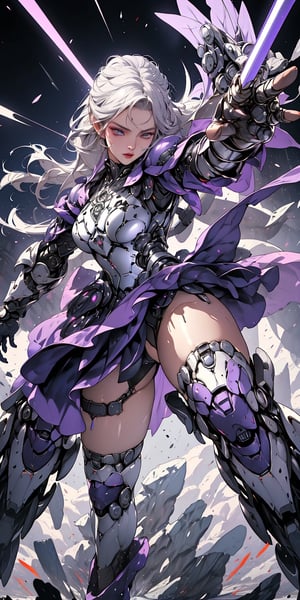 armor full power,(battlefield: 1.4),(thigh shot: 1.2),tech,imperial,perfect hands,detailed fingers,intricate details,extremely excellent composition,visual appeal,beautiful detailed glow,sparkling,metal reflective,glowing,from front,dynamic angle,(dynamic pose: 1.4),purple mist,sword,more blades,perfect body,future technology beam weapon,