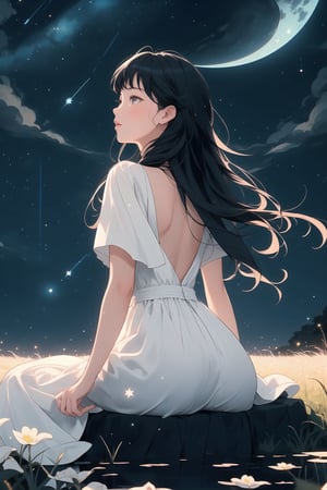 score_9, score_8_up, score_7_up, ,(masterpiece,best quality,4K),1girl,black hair,long hair,white dress,grassland,sitting on the grass,(night),moon,starry sky,look up,back view,((looking at the starry sky)),full shot,water well focus,only hazy moonlight,