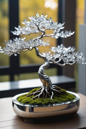 bonsai,branches and trunks made of glass,leaves made of silver(metal),transparent branches and trunks,metallic feel,metal reflective,silver,metal,silver metal,aethetic,8k Ultra HD,masterpiece,product view,specialty store,bokeh,