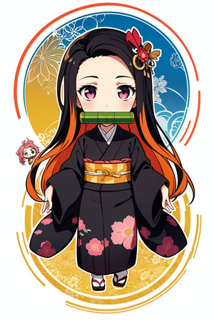 1girl,(solid circle eyes: 1.5),nezuko kamado, bamboo,(chibi: 1.4), bit gag, black hair, forehead, gag, gagged, hair ribbon, long hair, multicolored hair, orange hair, wavy hair, two-tone hair, asa no ha (pattern), checkered sash, haori, japanese clothes, kimono, long sleeves, obi, pink kimono, sash, wide sleeves, extremely excellent composition,visual appeal,contour,Japanese style architecture,funny face,huge head,cute,(baggy clothes: 1.3),kawaii,